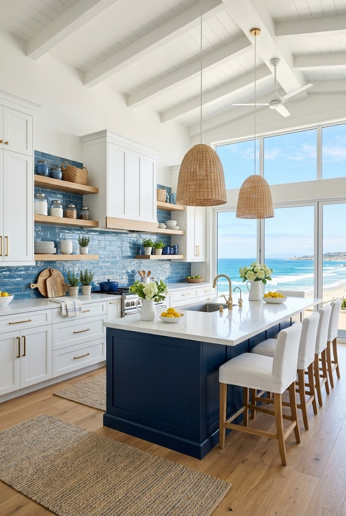 Beach-Inspired Kitchen with White Cabinets and Blue Details