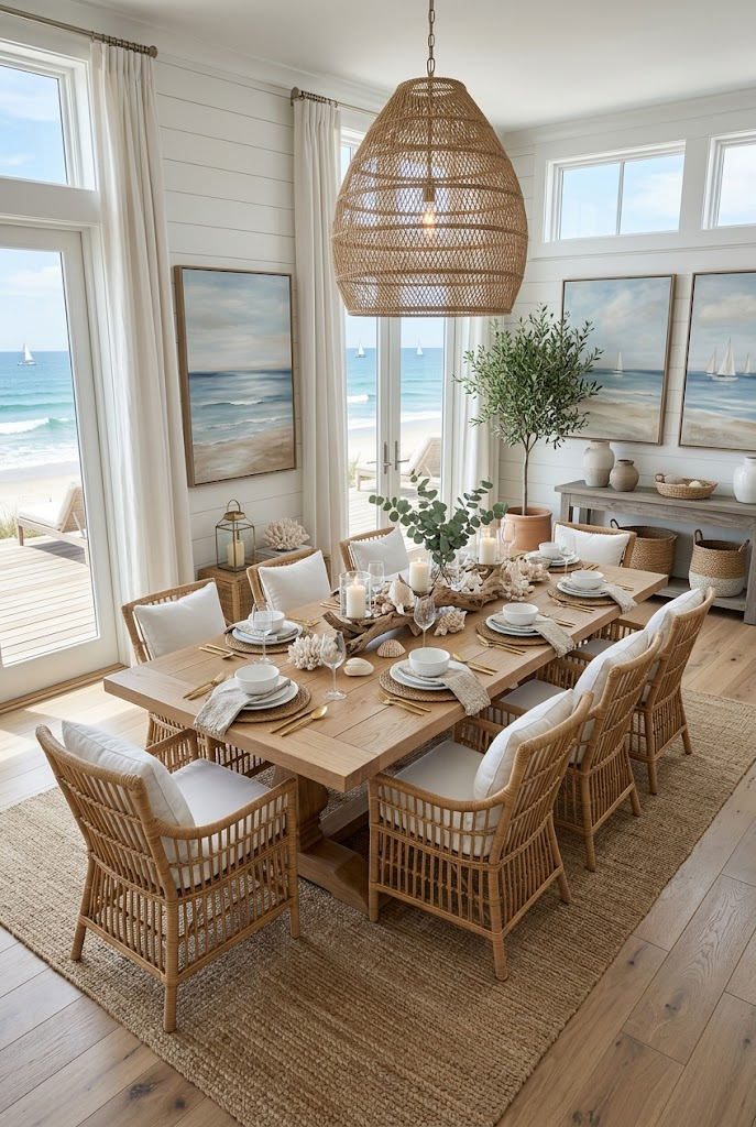 Nautical Dining Room with Natural Wood Table and Rattan Chairs