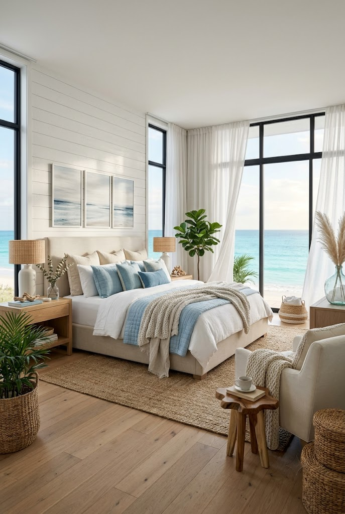 Serene Beach House Bedroom with Soft Blue Bedding