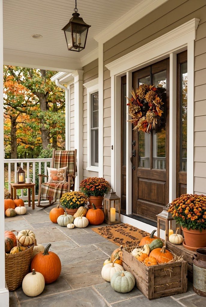 Classic Fall Porch with Pumpkins and Gourds