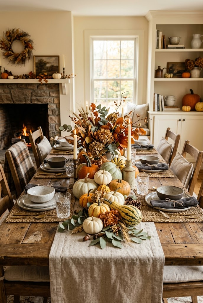 Rustic Fall Table with Pumpkins and Gourds