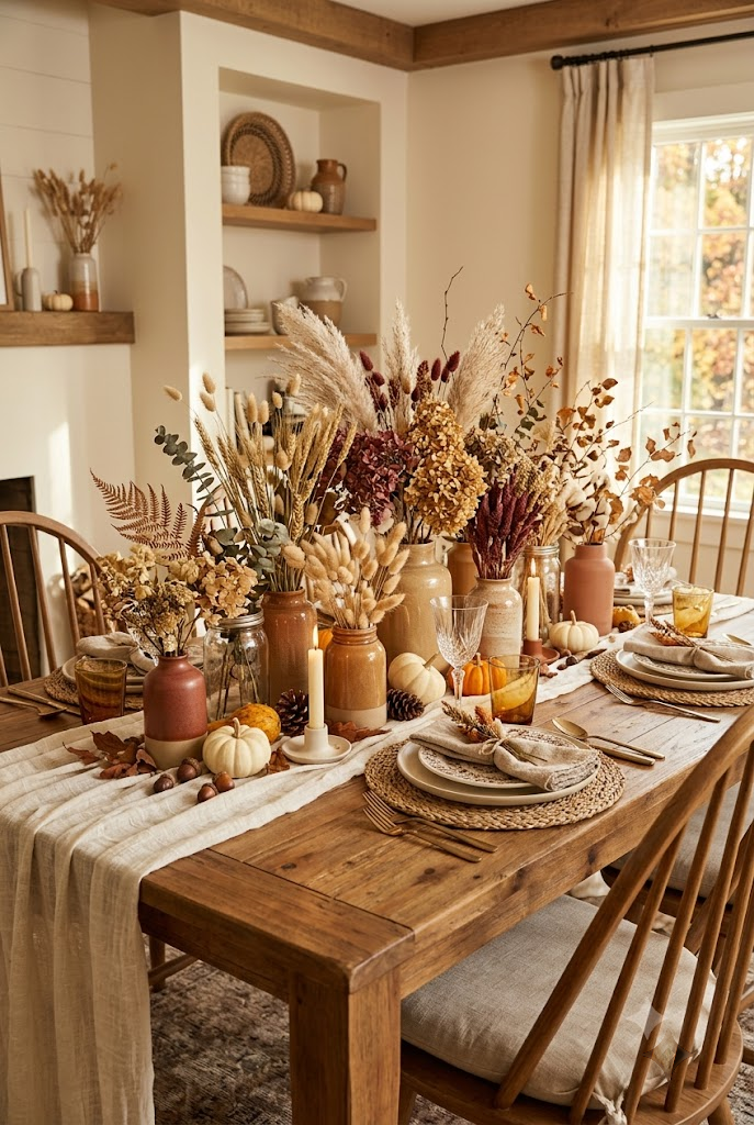 Fall Table Decor with Dried Flowers
