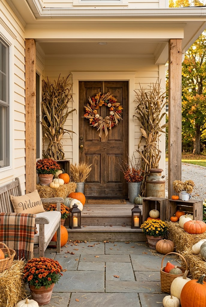 Fall Porch with Corn Stalks and Hay Bales