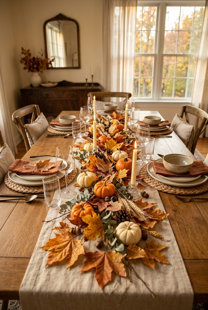 Fall Table Setting with Autumn Leaves