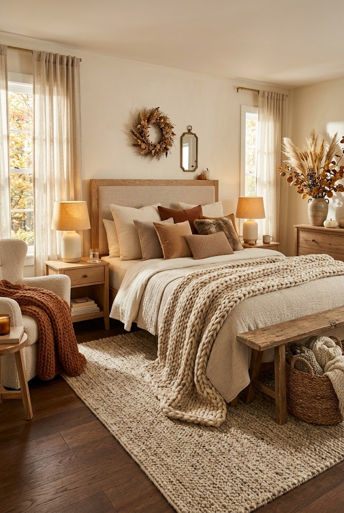 Fall Bedroom with Chunky Knit Blankets