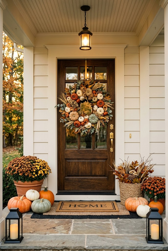 Fall Front Door with a Pumpkin Wreath