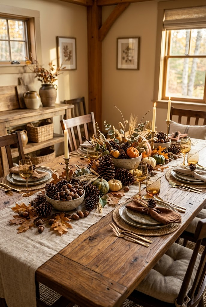 Fall Table Decor with Pinecones and Acorns