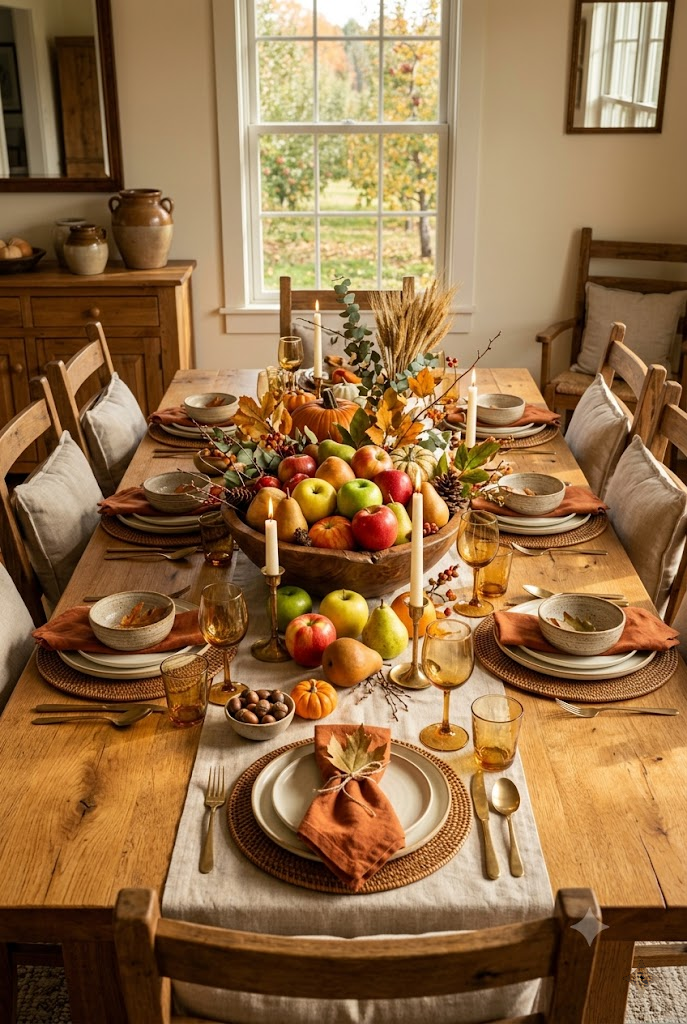 Fall Table Decor with Apples and Pears