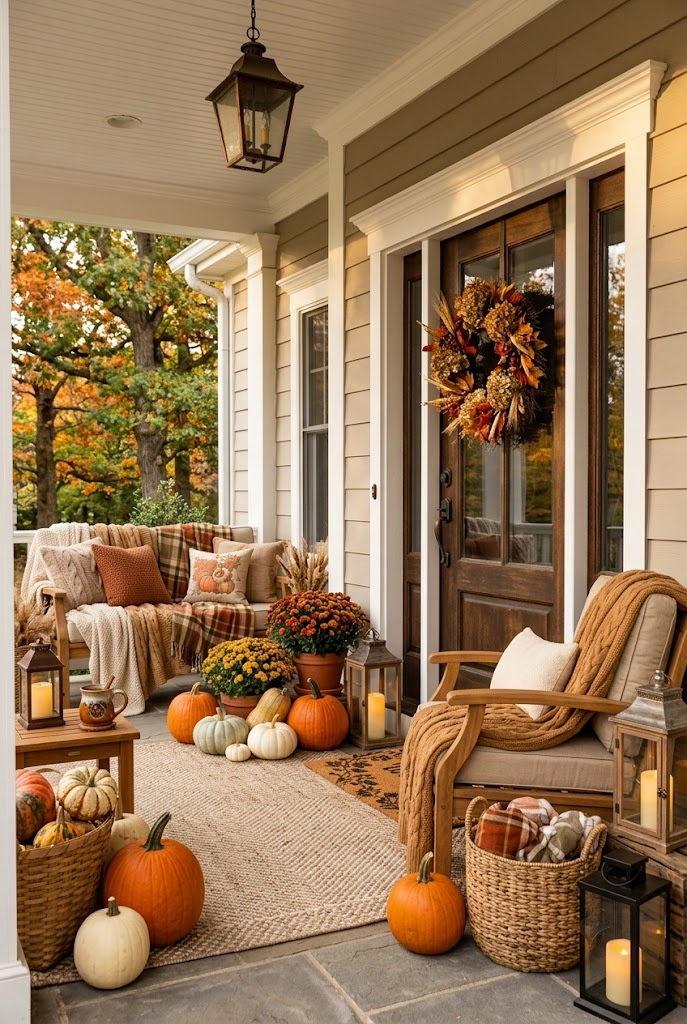 Cozy Fall Porch with Warm Blankets and Lanterns
