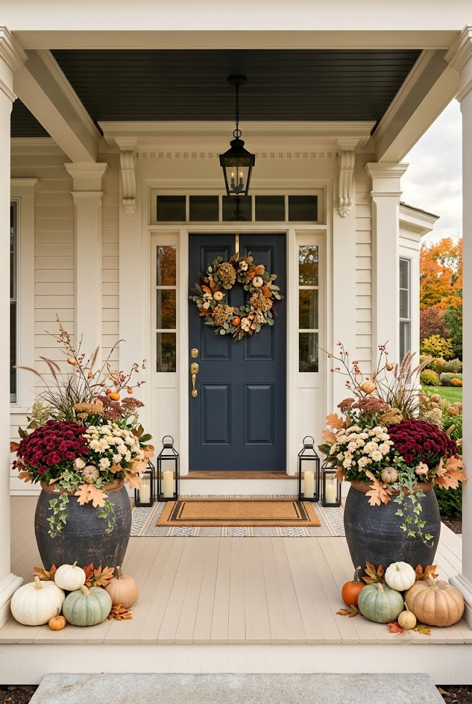 Symmetrical Fall Porch with Matching Planters