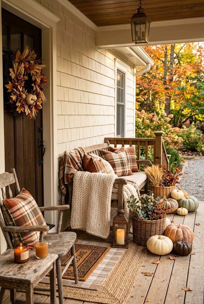 Fall Porch with Plaid and Cozy Textiles
