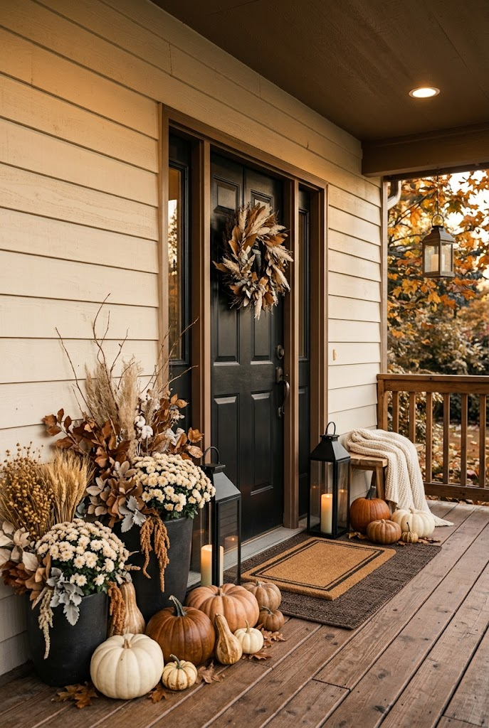 Elegant Black, Cream, and Brown Fall Porch