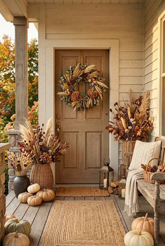 Fall Porch with Dried Flowers and Foliage