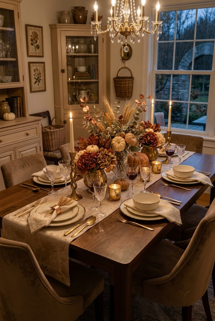Luxurious Fall Table Setting with Metallic Accents