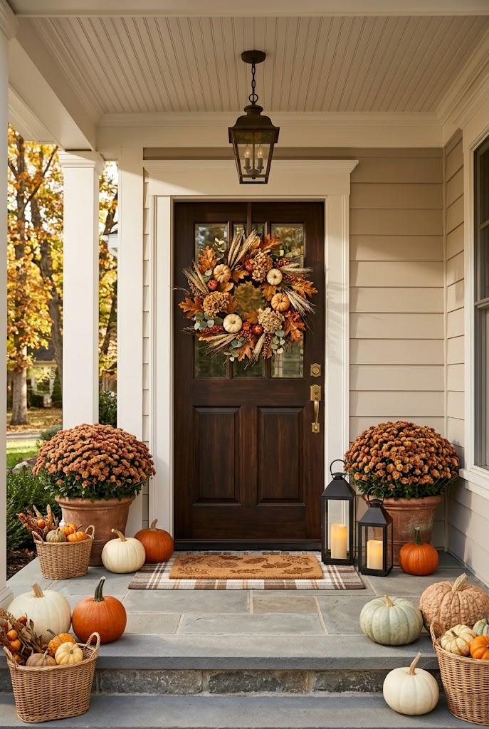 Welcoming Fall Porch with a Seasonal Wreath