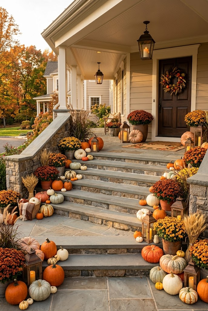 Fall Porch with a Pumpkin-Lined Stairway