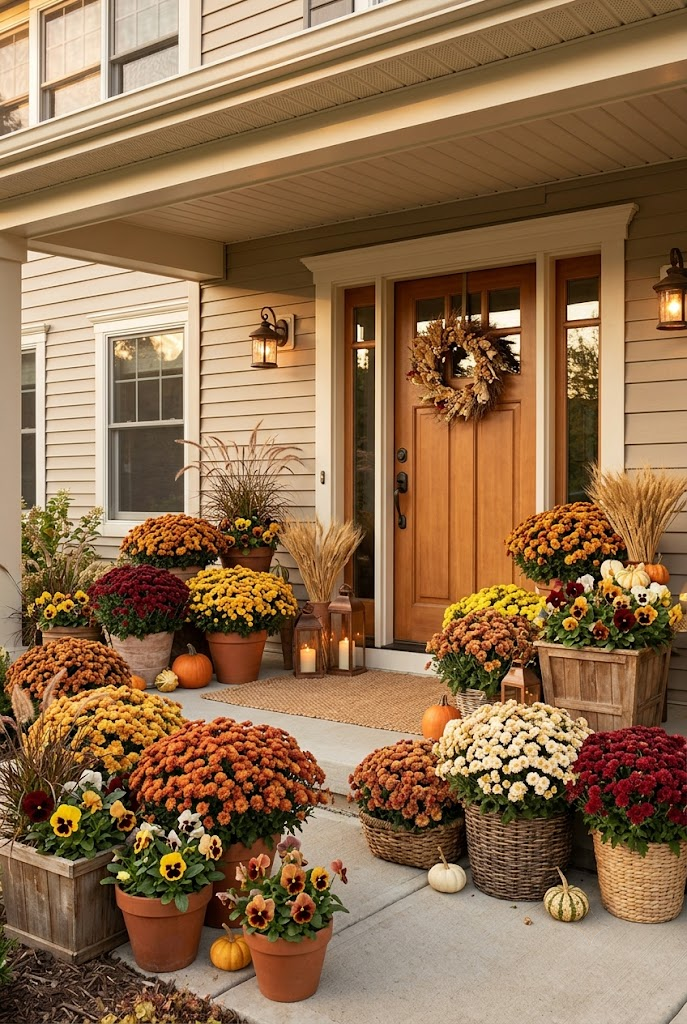 Fall Porch with Mums and Seasonal Flowers