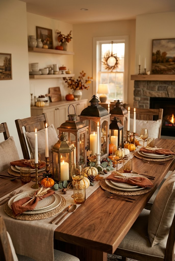 Fall Table Decor with Candles and Lanterns