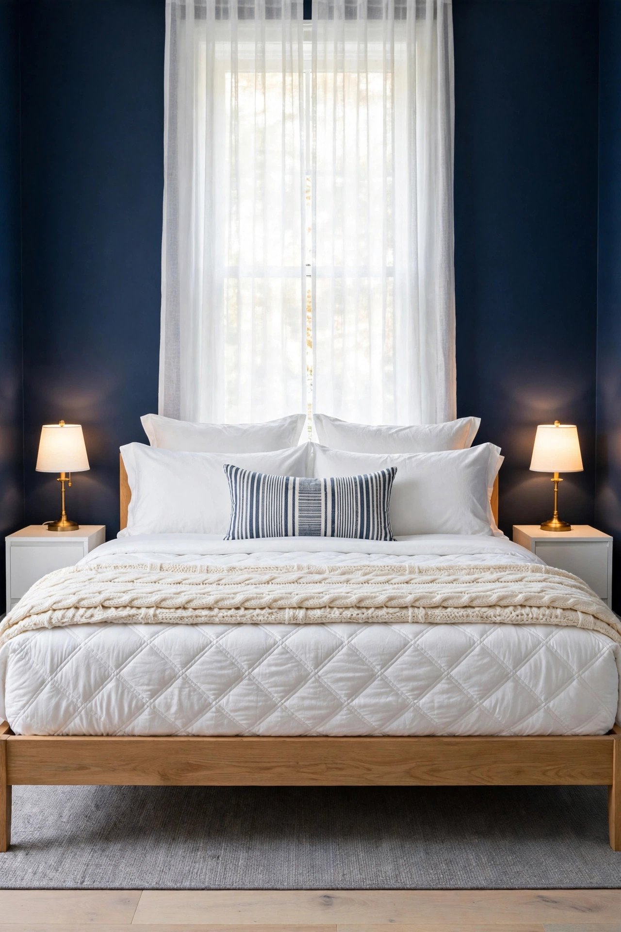 Crisp White Bedding Against Navy Walls