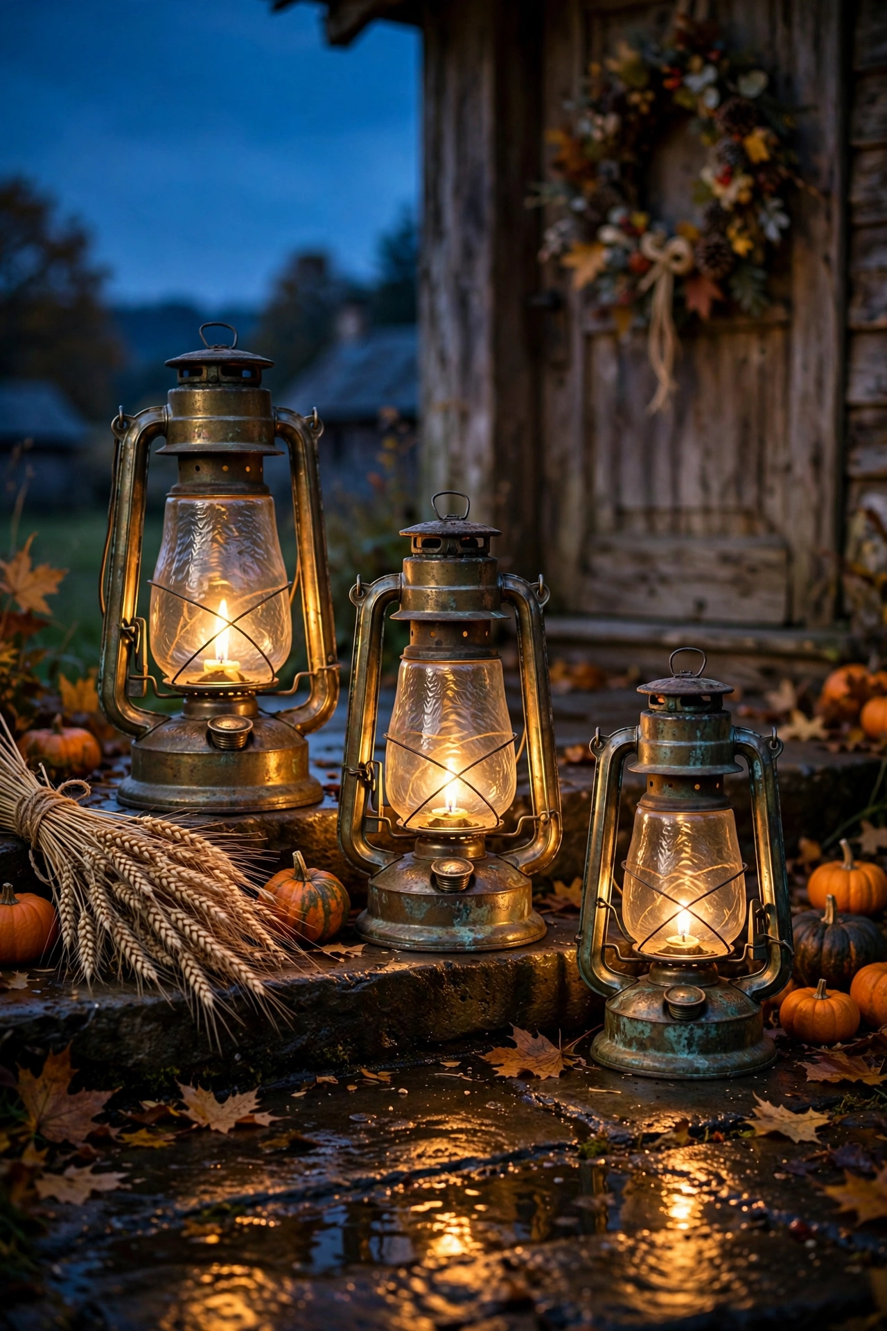 Aged Brass Lanterns with Flickering Candles