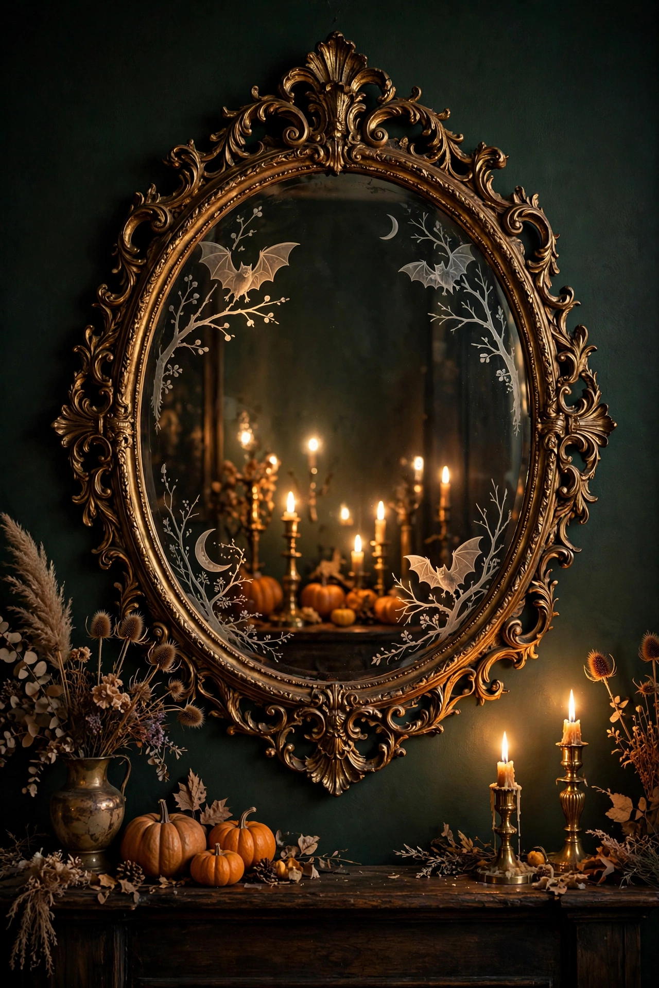 Antique Mirror with Etched Spooky Motifs