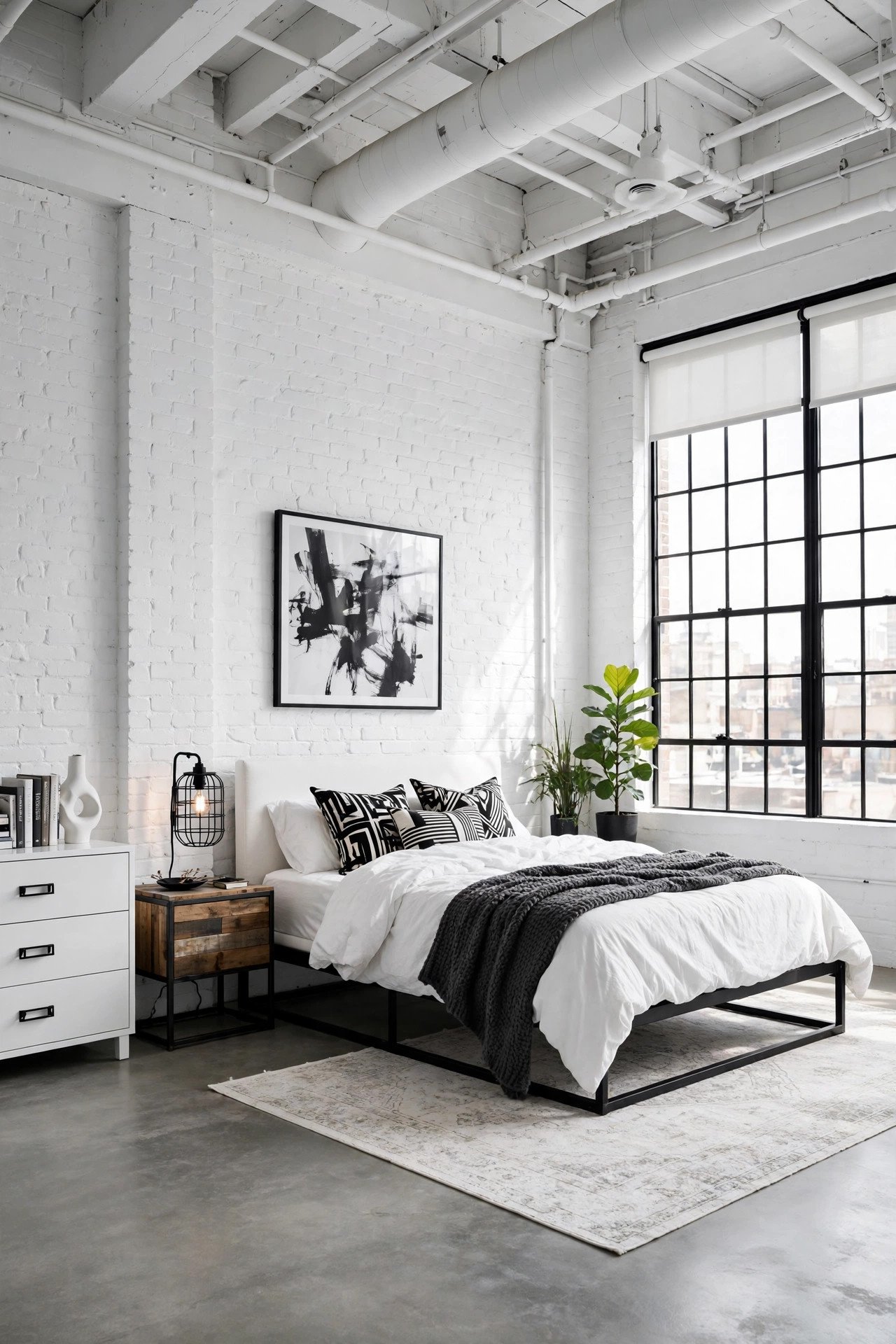 White Industrial Loft Bedroom