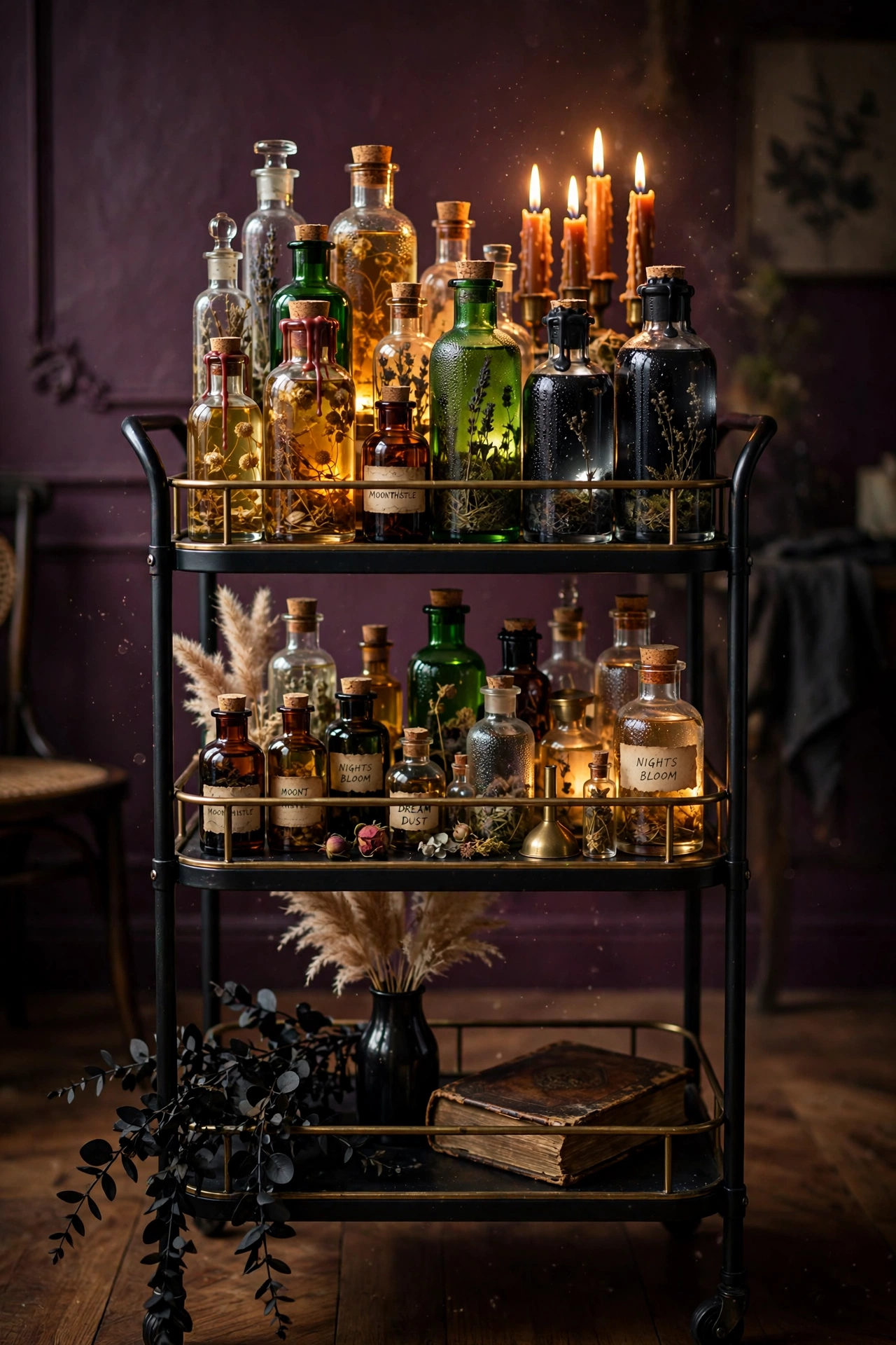 Vintage Potion Bottles on a Bar Cart