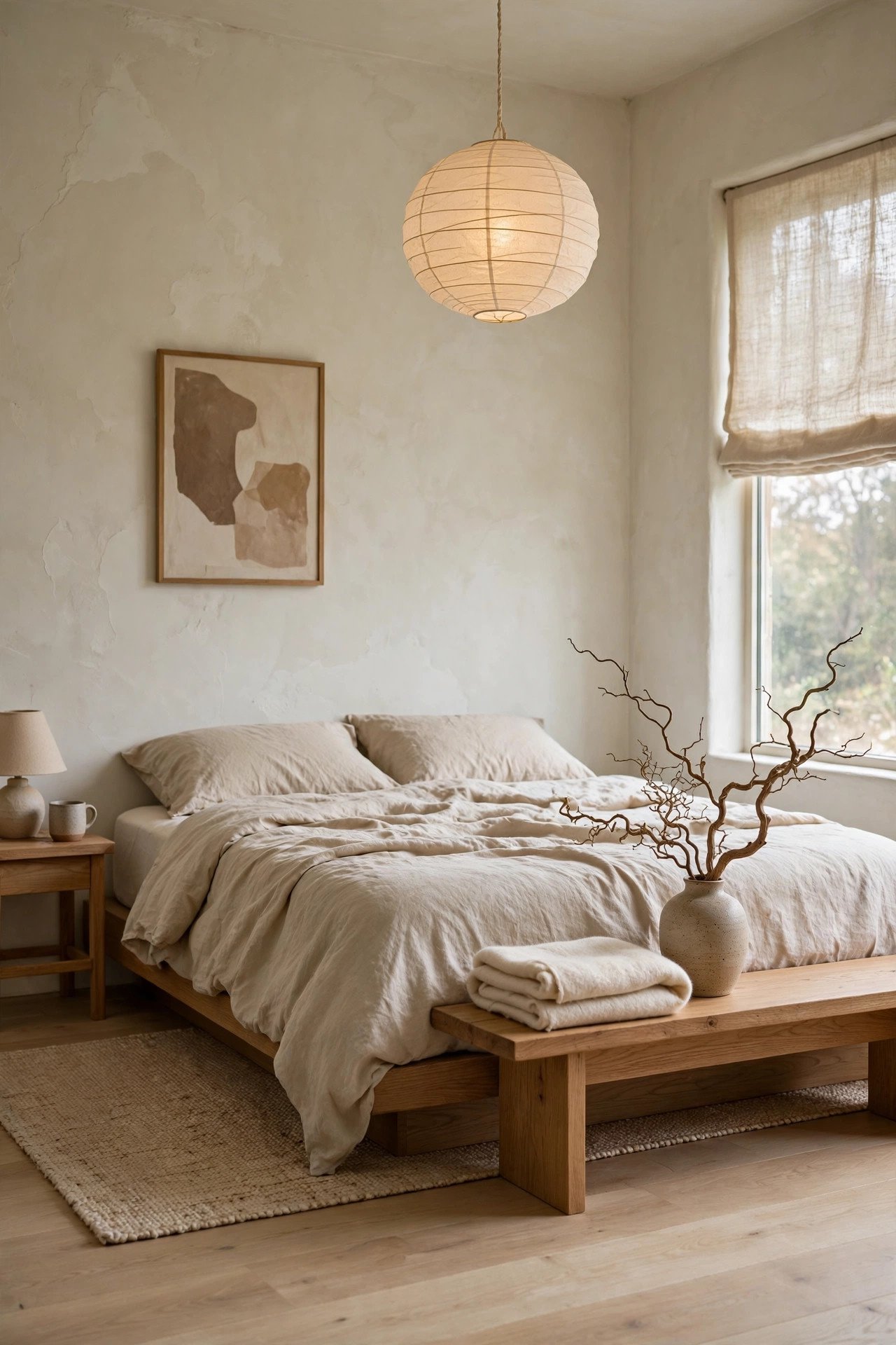 White and Beige Japandi Bedroom