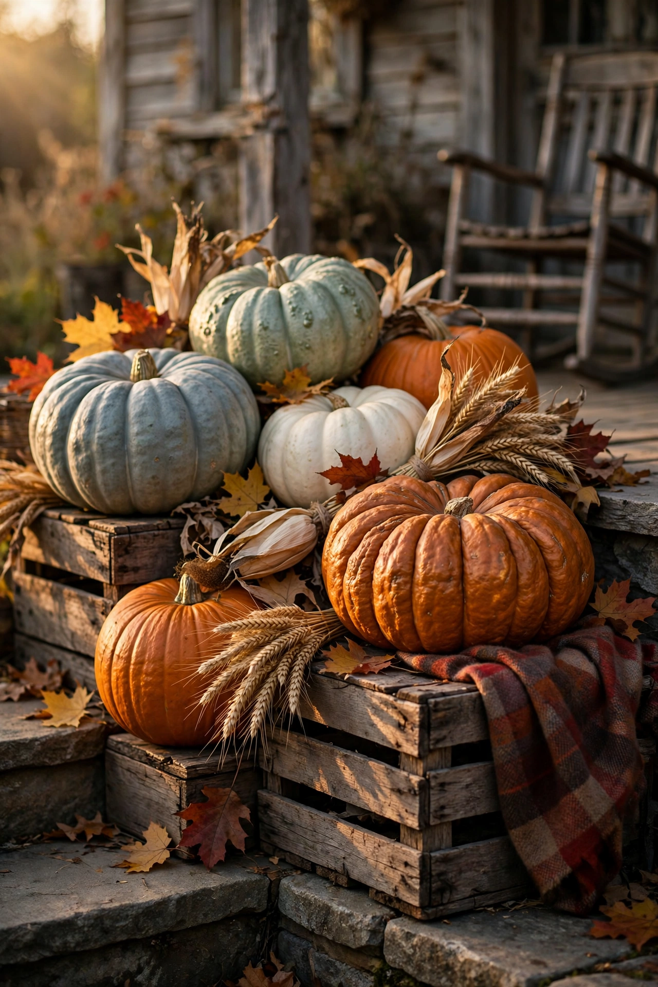 Heirloom Pumpkin Stack on Wooden Crates