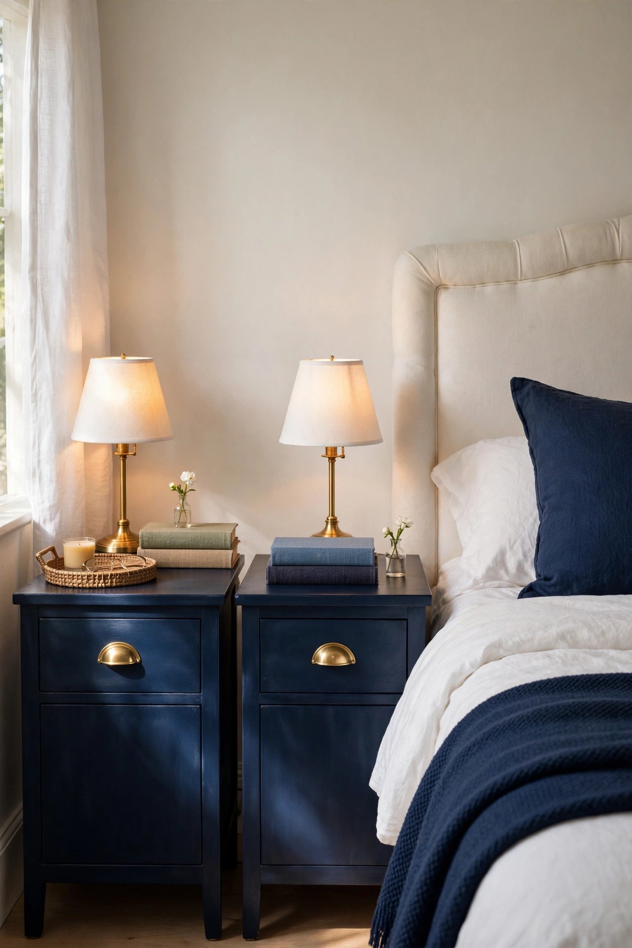 Navy Blue Nightstands with Brass Pulls