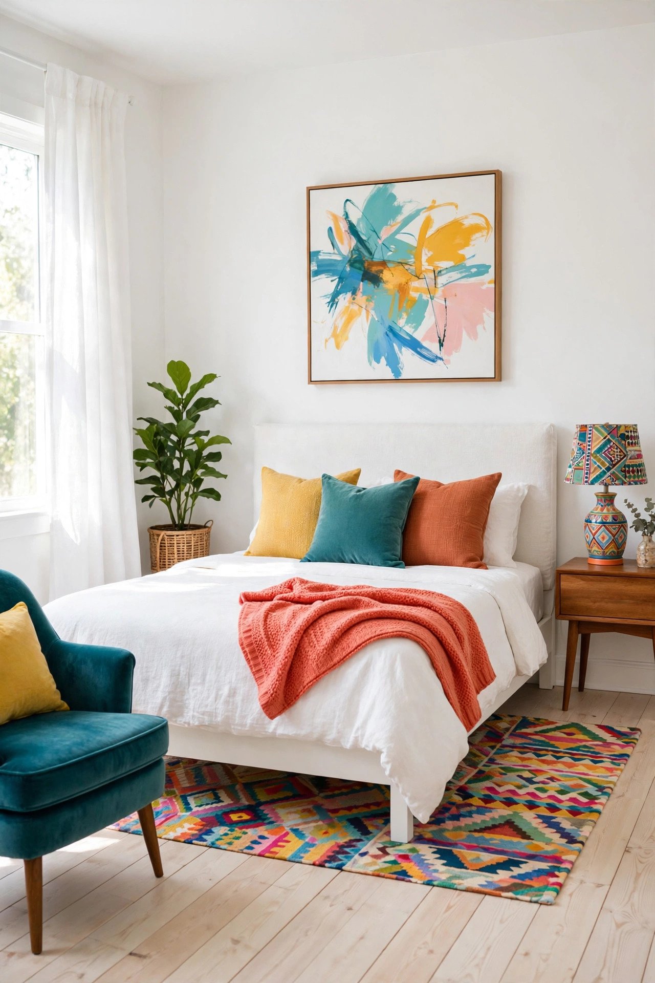 White Bedroom with Pops of Color
