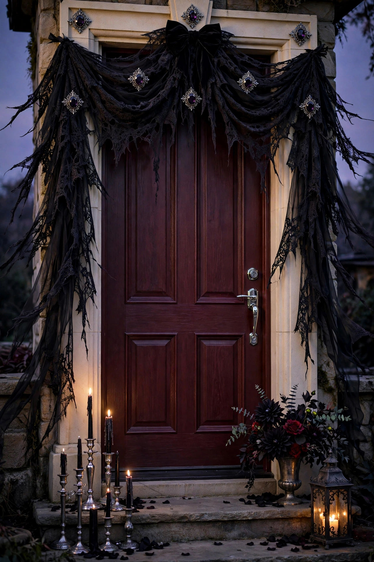 Tattered Black Lace Door Swag