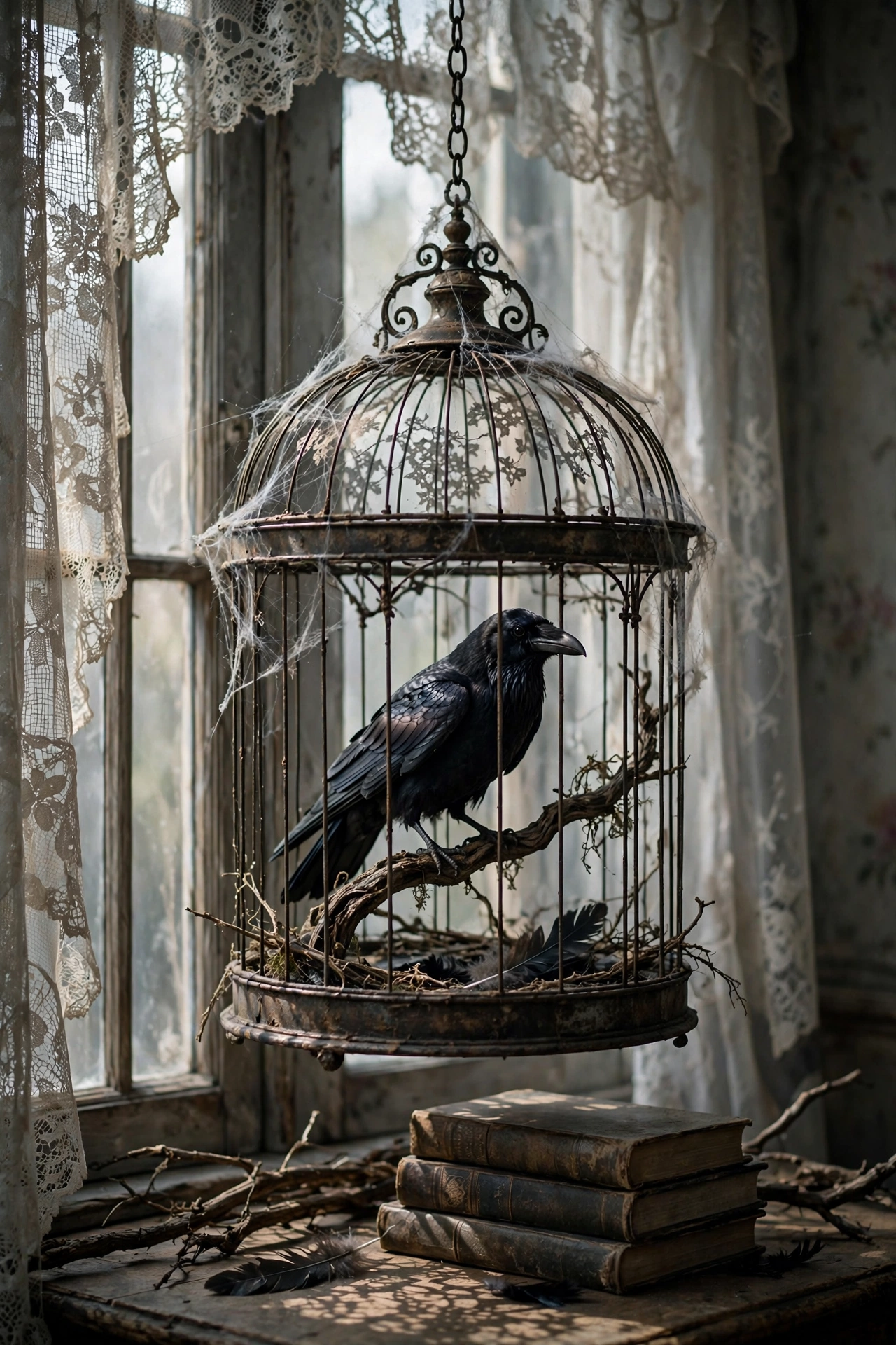 Antique Birdcage with a Perched Raven