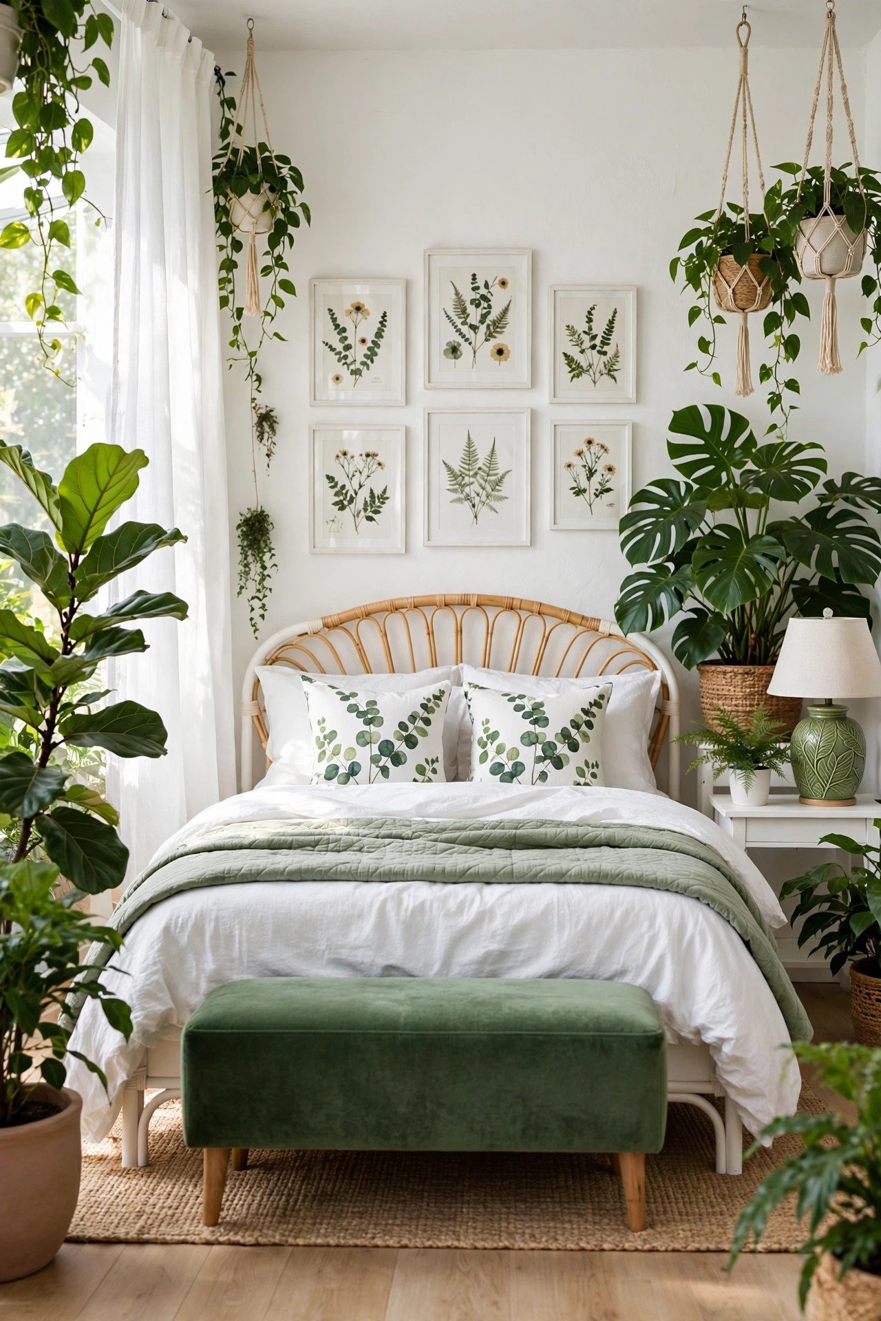 White and Green Botanical Bedroom