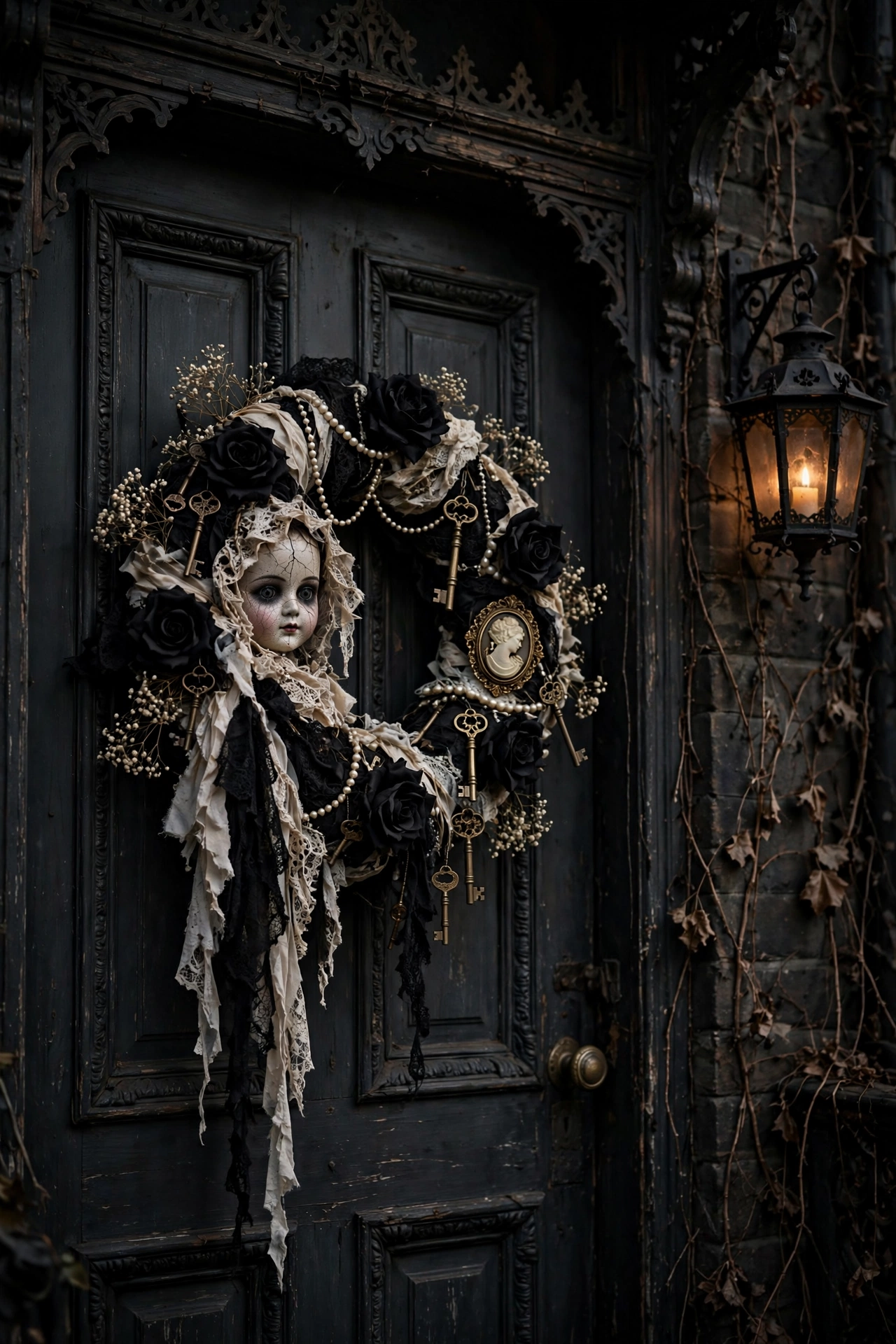 Creepy Doll and Lace Victorian Wreath