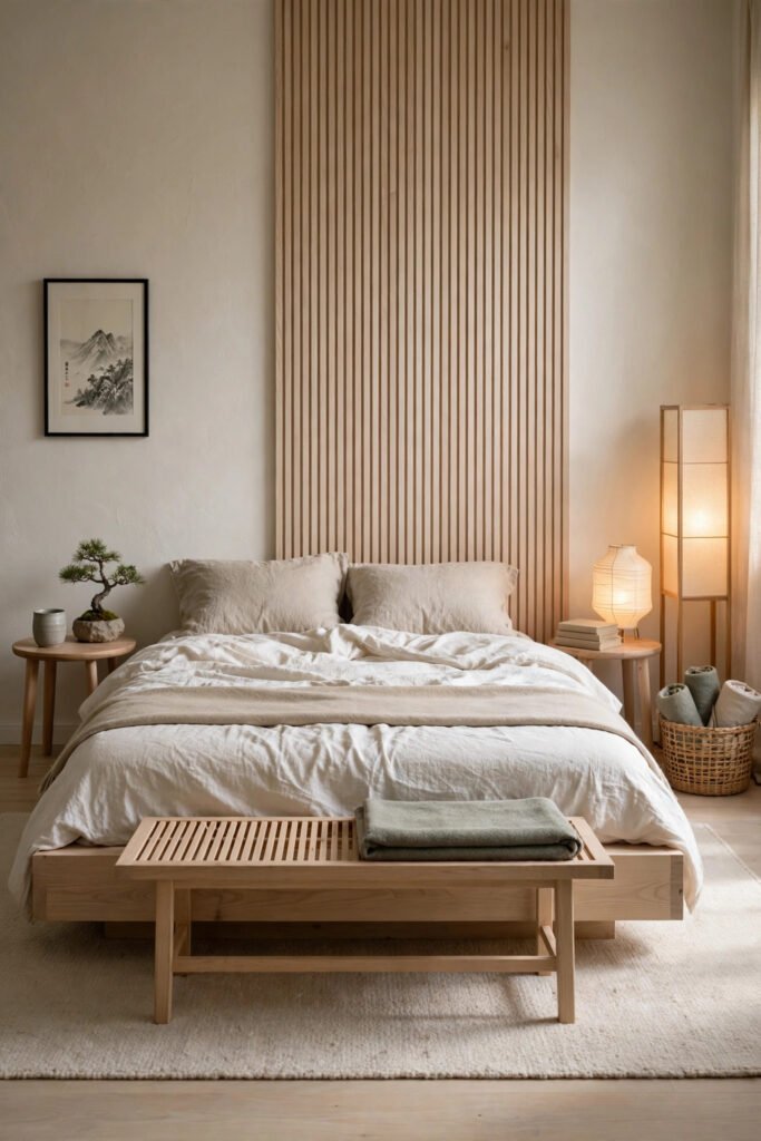 Calm Japandi Bedroom with Natural Wood