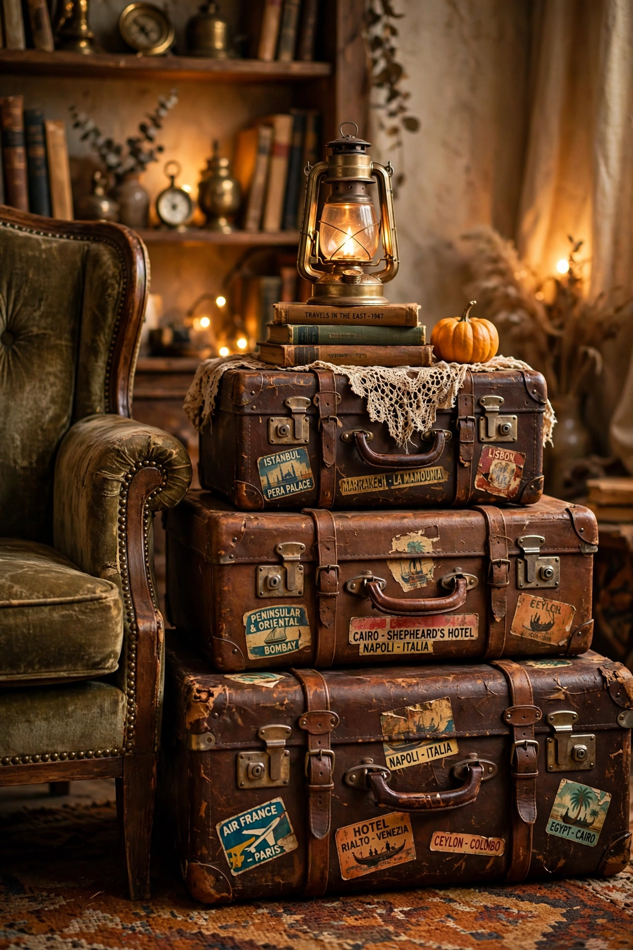 Stacked Leather Suitcase Side Table