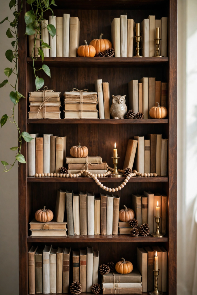 Bookshelf Styled with Pumpkins and Books