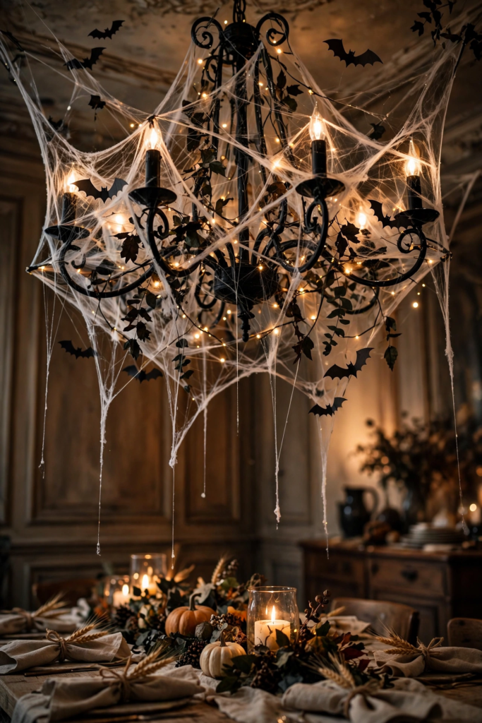 Chandelier Draped with Faux Cobwebs
