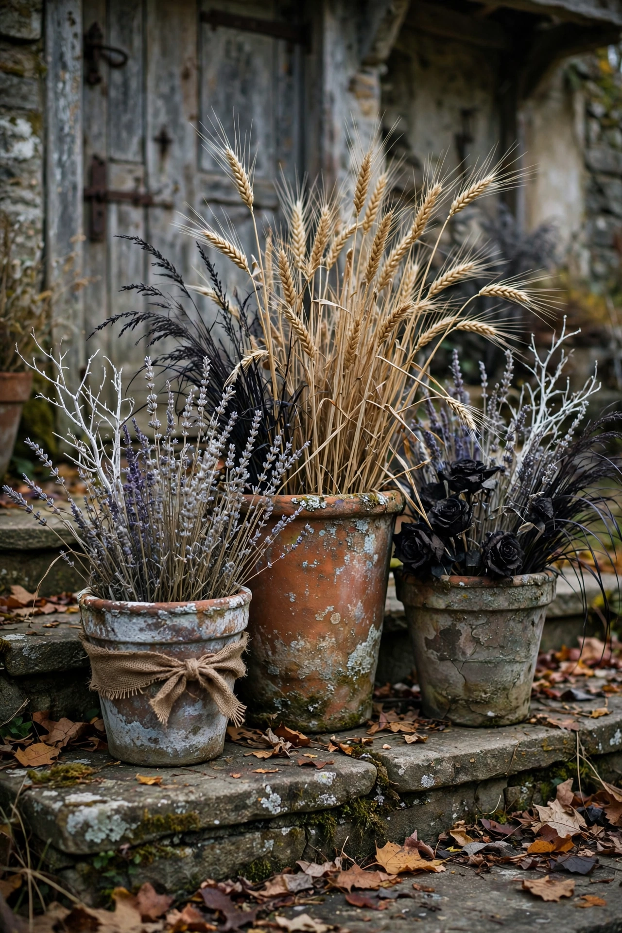 Aged Terracotta Pots with Dried Botanicals