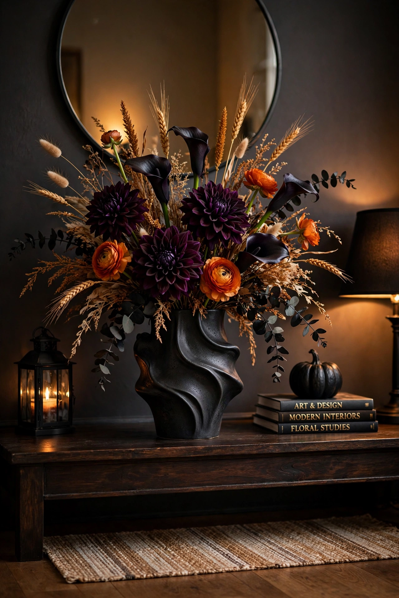 Dark Floral Arrangements in Black Vases