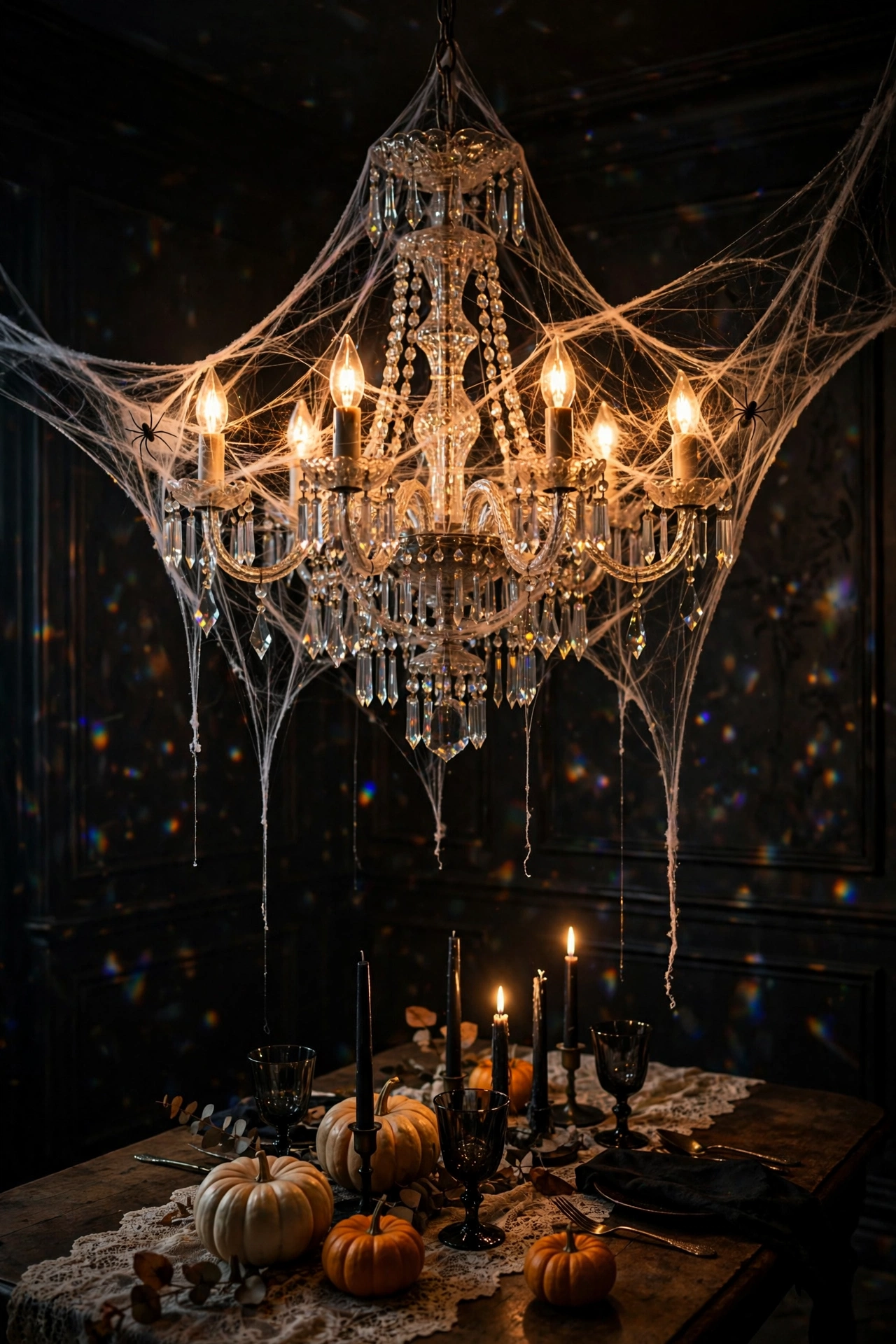 Crystal Chandelier Draped in Faux Cobwebs