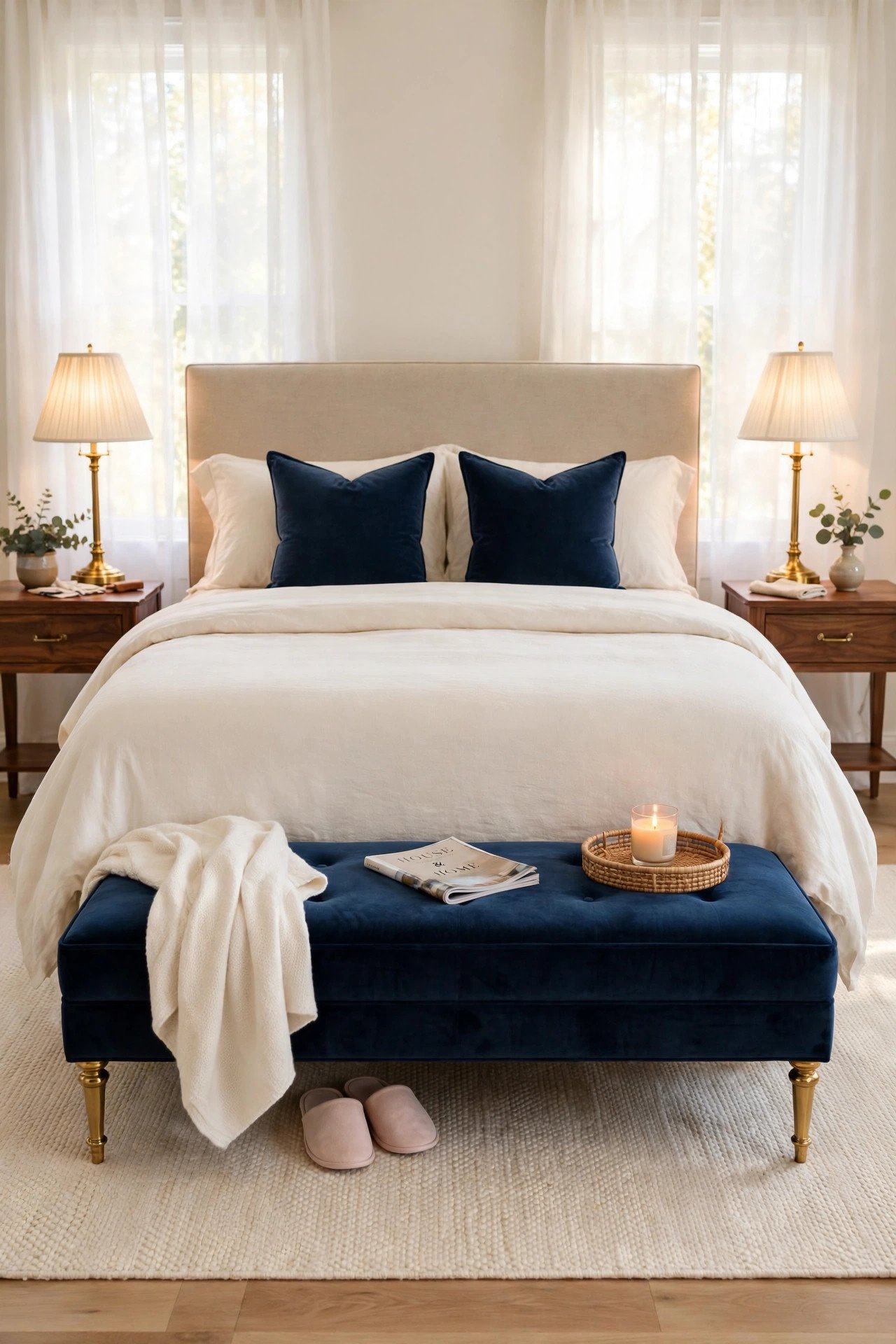 Navy Blue Ottoman at the Foot of the Bed