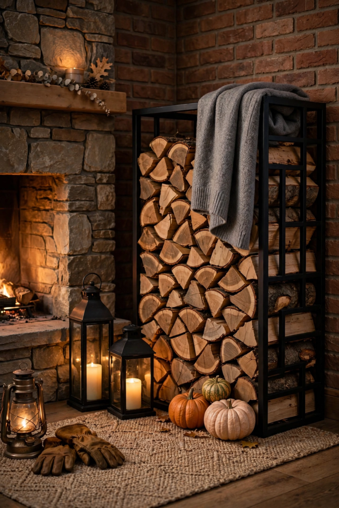 Corner Firewood Stack with Lanterns