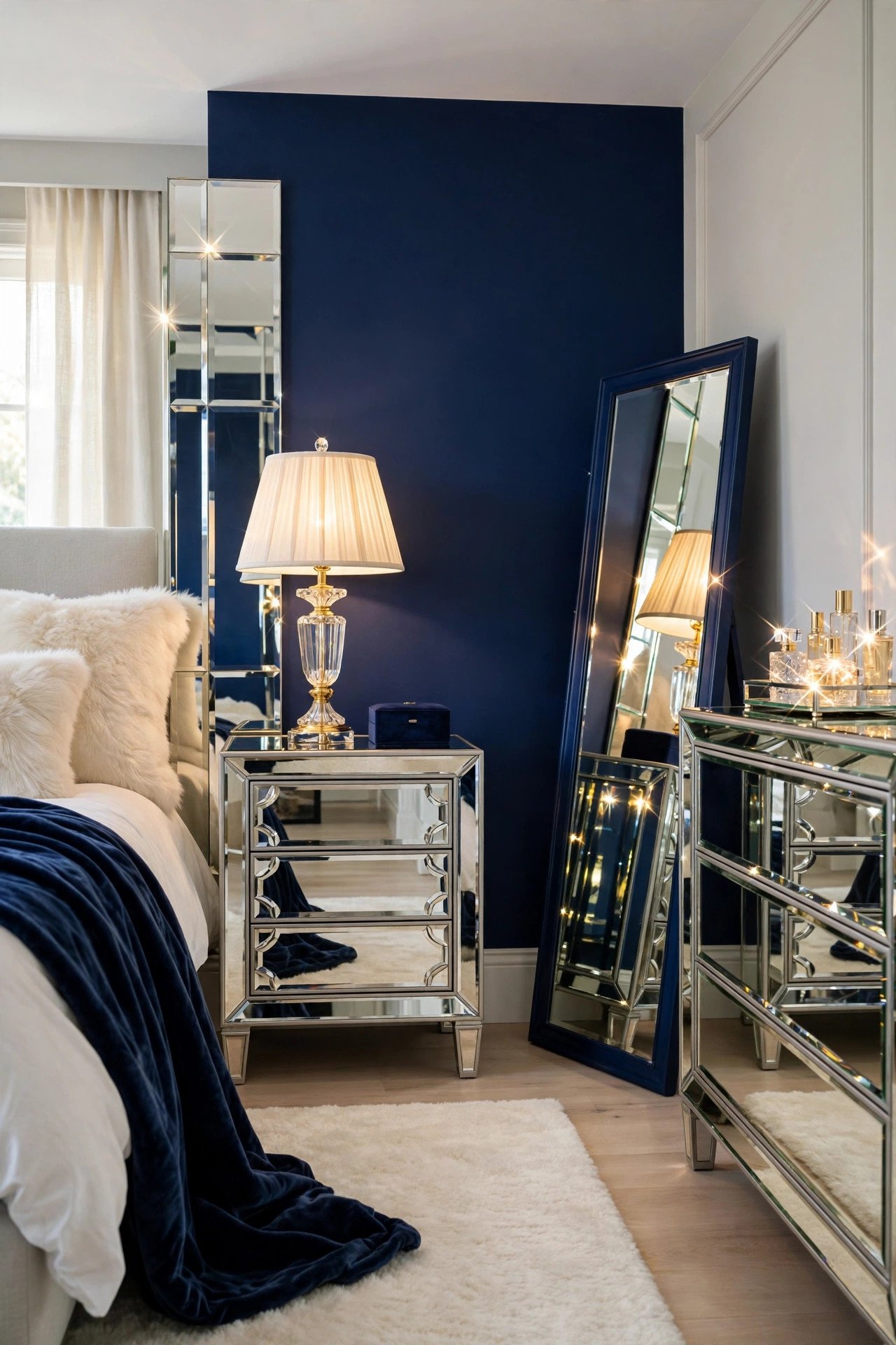Navy Blue Mirrored Furniture Glam