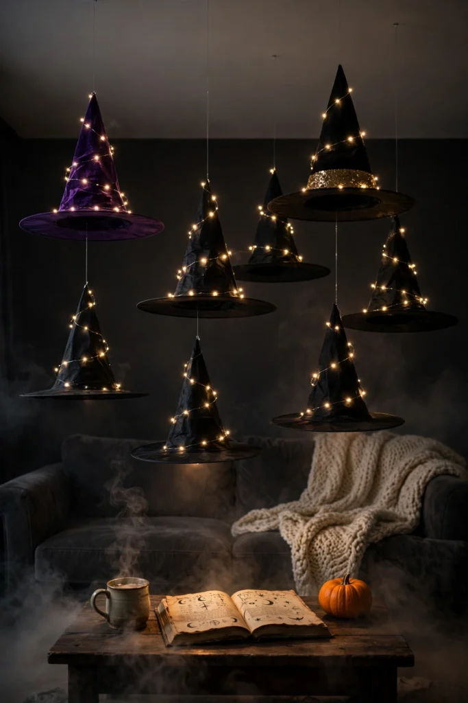 Hanging Witch Hats with Twinkle Lights