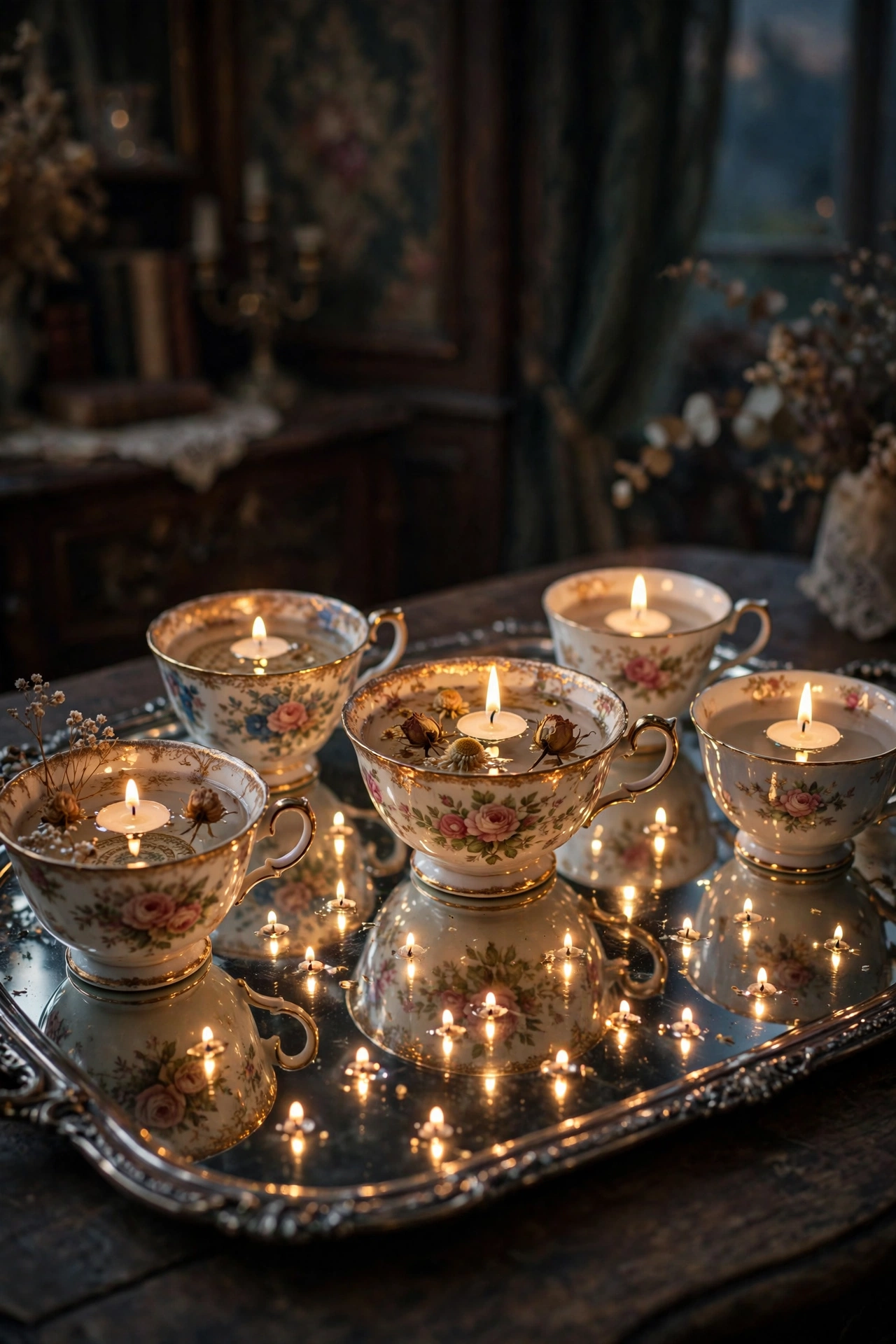 Antique Teacups with Floating Candles