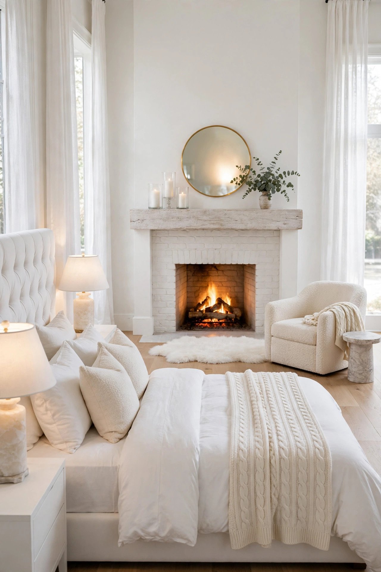 White Bedroom with Fireplace