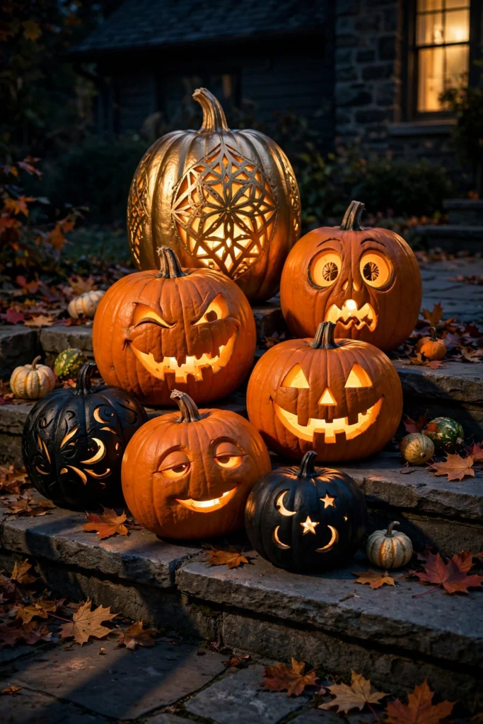 Jack-o-Lantern Cluster with Varied Faces