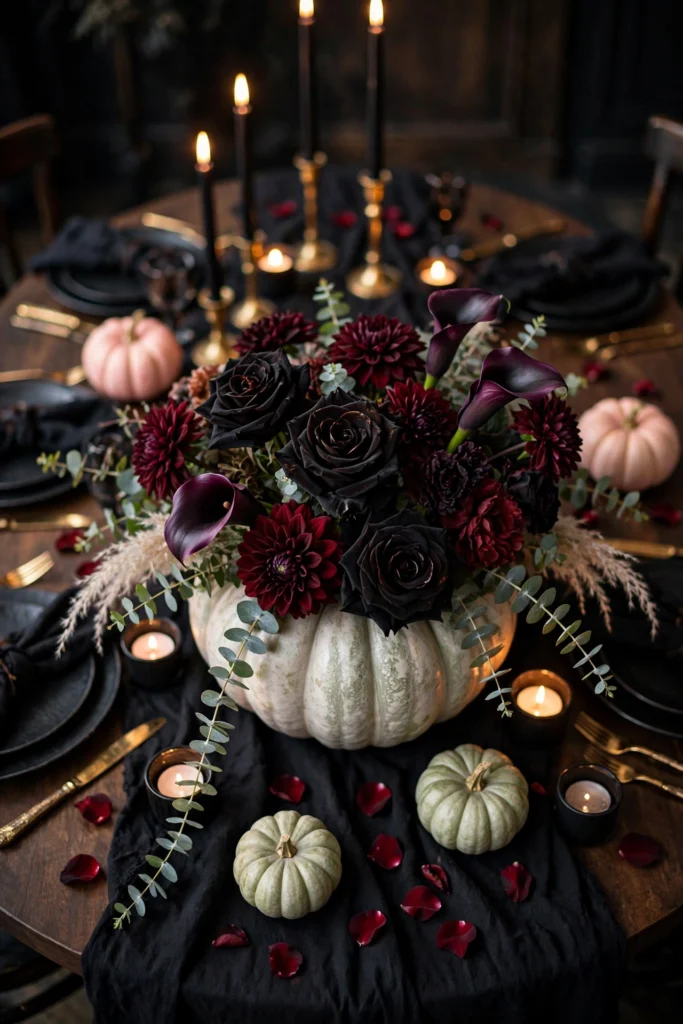 Pumpkin Centerpiece with Black Roses